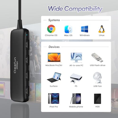 Qeefun USB C Hub 10Gbps, 4 Ports USB-C 3.2 Data Splitter, USB 3.2 Gen 2 Adapter with 100W Power Charging Port, USBC Extender for iPad Pro, iPhone 15, MacBook Air/Pro M2 M1, PC, Laptops and More - style: C to 4C+PD