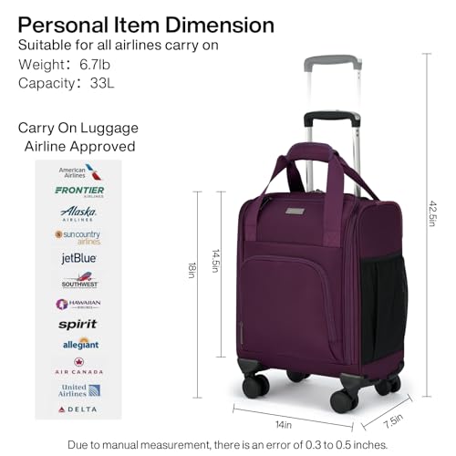 MILADA Underseat Carry On Luggage with Wheels, Airline Approved 16-inch Spinner Small Suitcase, Softside Travel Luggage, Personal Item Overnight Bag, Business Mini Suitcase for Women and Men, Purple - color: Purple
