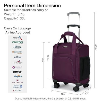 MILADA Underseat Carry On Luggage with Wheels, Airline Approved 16-inch Spinner Small Suitcase, Softside Travel Luggage, Personal Item Overnight Bag, Business Mini Suitcase for Women and Men, Purple - color: Purple