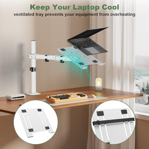 UPGRAVITY White Laptop Desk Mount with Vented Tray for Notebook up to 17 inch, Fully Adjustable Single Laptop Arm Stand Holds up to 17.6 lbs, Clamp on/Grommet Mounting | Fully Adjustable Single Laptop Arm Stand Holds up to 17.6 lbs, Clamp on/Grommet Mount