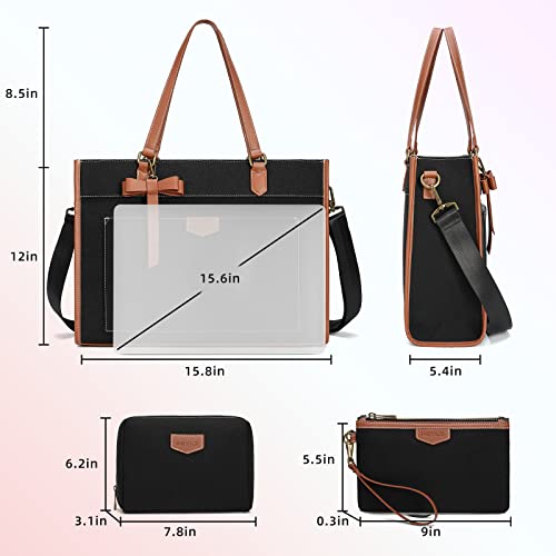 Keyli 3pcs Laptop Bag for Women,15.6 Inch Canvas Tote Bag Work Bags Large Business Computer Briefcase Shoulder Handbag Purse - color: Black_3pcs