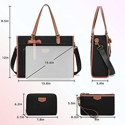 Keyli 3pcs Laptop Bag for Women,15.6 Inch Canvas Tote Bag Work Bags Large Business Computer Briefcase Shoulder Handbag Purse - color: Black_3pcs