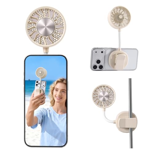 Magnetic Phone Fan with Ice Cooling, 3-in-1 Clip on Fan | Phone Stand, Rechargeable Mini Handheld Fan, 360° Flexible Gooseneck Portable Fan for Cruise Travel Desk Gym Makeup（Beige） - color: Beige