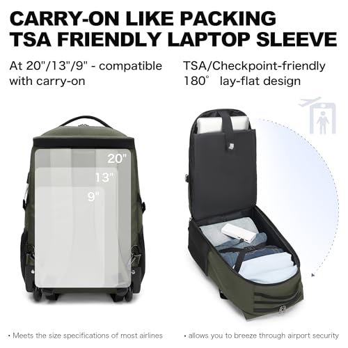 Boavan Rolling Backpack,17 inch Water Resistant Wheeled Backpack,Carry on Luggage Business Bag, Overnight College Computer bag Trolley Suitcase for Men Women Adults to Travel，Green - color: Green, size: 17.3 inches