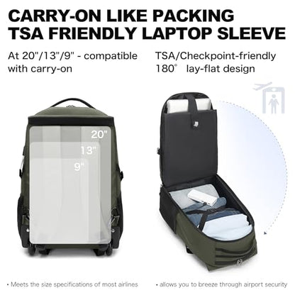 Boavan Rolling Backpack,17 inch Water Resistant Wheeled Backpack,Carry on Luggage Business Bag, Overnight College Computer bag Trolley Suitcase for Men Women Adults to Travel，Green - color: Green, size: 17.3 inches