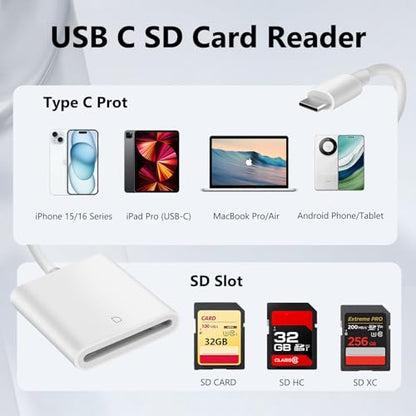 Criello USB C SD Card Reader, Digital Camera Adapter | Type C Camera Adapter for iPhone 15/16/17 Plus/Pro/Max, iPad MacBook/Air iMac/Samsung Galaxy Android