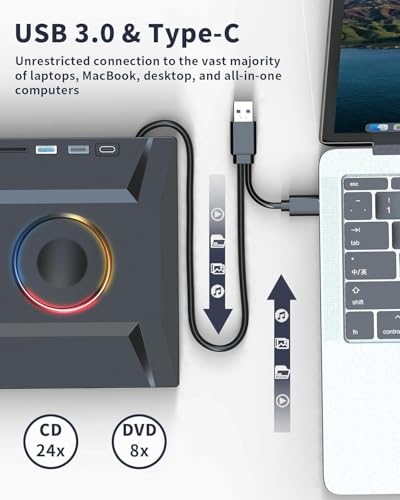 7 in 1 External CD DVD Drive, USB 3.0 and Type-C Disc Reader Writer Burner Player,Slim and Portable CD DVD +/-RW Optical Drive for PC Laptop Desktop MacBook Mac Windows Linux OS Apple - style: 7 in 1