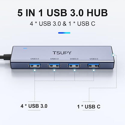 USB 3.0 HUB, TSUPY USB Splitter with 5 USB Ports and 4ft Extended Cable,Ultra-Slim Aluminium Data Hub Multi USB 3.0 Adapter HUB Compatible for Laptop,MacBook,PC, Printer, Mobile HDD and More - size: 5Gbps 5 USB 3.0 Ports Aluminium