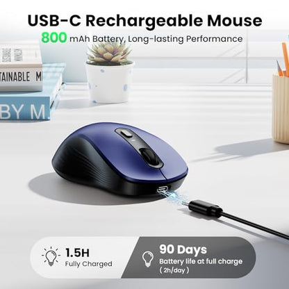 TECKNET Rechargeable Bluetooth Mouse, [ USB + BT5.0 + BT3.0 ] Wireless Mouse, Ergonomic Design, Silent Click, 6-Level 4800 DPI Wireless Mice, 3-Device Switching for Laptop, Computer, MacBook（Blue） - color: Blue