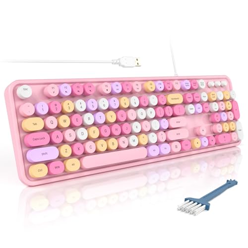 MOFII Wired Full Size USB Keyboard, Colorful Retro Round Typewriter Keyboard with Foldable Stands for Windows PC Laptop (Pale Pink) - color: Pale Pink