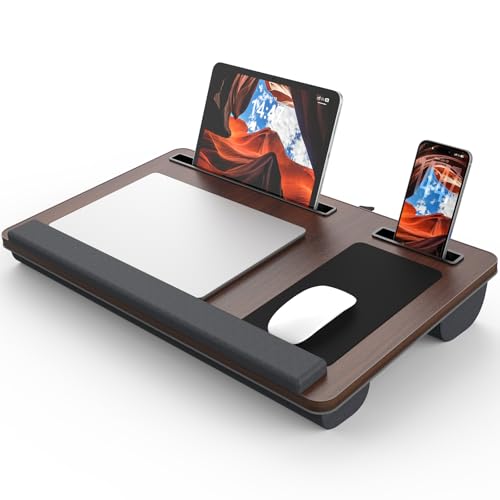 Potuopy Lap Desk- Fits up to 17” Laptop Lap Desk with Wrist Pad, Laptop Lap Pad, Lap Desks for Adults Laptop Stand for Bed with Cushion and 2 Upgraded Mouse Pads, Tablet and Phone Slots (Dark Brown) - color: Dark Brown