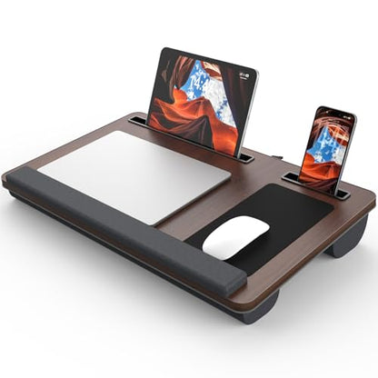 Potuopy Lap Desk- Fits up to 17” Laptop Lap Desk with Wrist Pad, Laptop Lap Pad, Lap Desks for Adults Laptop Stand for Bed with Cushion and 2 Upgraded Mouse Pads, Tablet and Phone Slots (Dark Brown) - color: Dark Brown