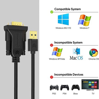 CableCreation USB 3.0 to VGA Cable 6 Feet, VGA to USB Adapter Cord 1080P @ 60Hz, External Video Card, Only Support Windows 10/8.1/8 / 7 / macOS (NO XP/Vista), Black