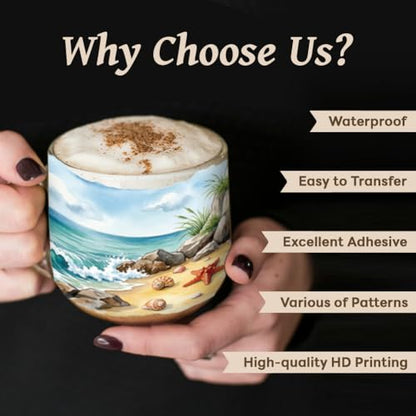 Peacoblue UV DTF Cup Wraps Transfer Stickers Summer Beach Scenery Pattern, 10 Sheets Waterproof Custom Vinyl Transfer Sticker 16oz Coffee Glass Cup Tumbler Bottle Mug Decals for Men Women - style: Summer Beach Scenery