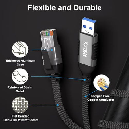 Flat USB to Ethernet Cable 12 FT, USB 3.0 A to RJ45 Thin Cord, Directly Connected, Aluminum, Braided, OFC, USB to RJ45 Gigabit LAN Network Cable for Laptop, PC, Switch and More, OD: 0.8in x 0.25in - size: 12 Feet, style: USB A to Ethernet