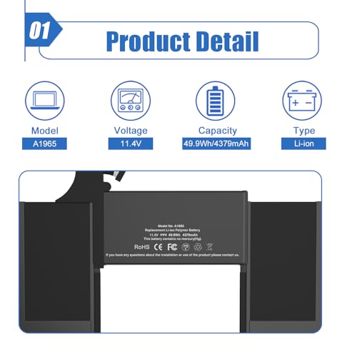 A1965 Laptop Battery Replacement for MacBook Air 13" Retina A1932 (2018-2019) A2179 2020 (EMC 3184 3302), Laptop Battery A1965 11.4V 49.9Wh 4379mAh - size: 11.42*5.87*0.18 inch A1965