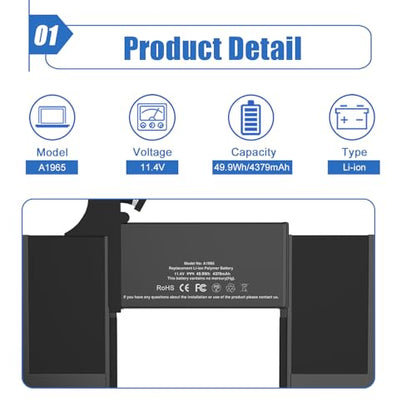 A1965 Laptop Battery Replacement for MacBook Air 13" Retina A1932 (2018-2019) A2179 2020 (EMC 3184 3302), Laptop Battery A1965 11.4V 49.9Wh 4379mAh - size: 11.42*5.87*0.18 inch A1965