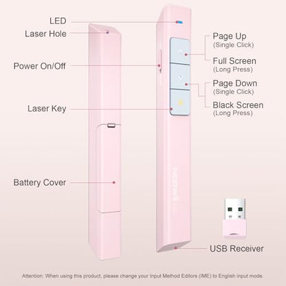 Norwii Wireless Presentation Clicker, PowerPoint Clicker with Laser Pointer | Presentation Remote for PowerPoint Presentations, Plug & Play USB Slide Advancer, Compatible with Mac/Windows/Linux/Android - color: Pink
