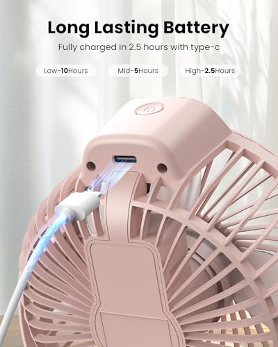 Koonie Portable Clip-On Fan, Small Rechargeable Battery Operated, 3 Speeds | Pink Mini Clamp Fan With LED Display, 360° Rotate Personal Cooling Desk Fan for Stroller Bed Travel Camping Golf Gym - color: pink