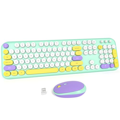 MOFII Wireless Keyboard and Mouse Combo, Full-Size Retro Typewriter-Style Wireless Keyboard with Optical Mouse for Computer/Laptop/Windows/Mac (Mint Colorful) - color: Mint Colorful