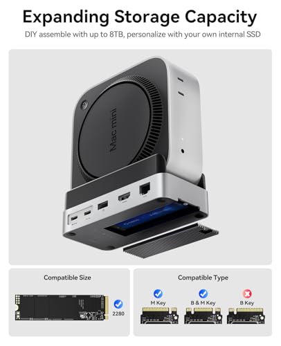 ORICO MiniDock Stand Compatibility with Mac mini M4, 10-in-1 Aluminum Hub with M.2 SSD Enclosure, 10Gbps USB-C & USB-A,5Gbps 4K HDMI, Gigabit Ethernet, SD/TF Card Readers,Type-C(PD3.0)