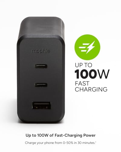 Mophie GaN 100W USB C Charger Block - 3-Port Fast Charger for MacBook, iPad, iPhone, Samsung Galaxy, Google Pixel, Laptops - with 1.5m/5ft Cable, Dual USB-C PD Ports, Black