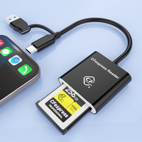 2-in-1 Type B CFexpress USB C&USB A Type B Card Reader for iPhone,USB 3.2 (Gen 2) 10Gbps CFexpress Adapter for iPhone 16 15/iPad/Samsung/Laptops/Tablets with Windows/Mac/Linux/Android-Plug&Play - color: black