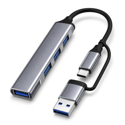 USB Hub 4 Port, USB C & USB A Dual Connector Hub, 1 USB 3.0 & 3 USB 2.0 Ports, Aluminum USB Splitter for Laptop, MacBook, iPad, PC