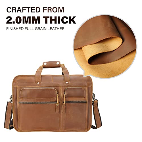 Men's Full Grain Leather Briefcase Large 17 Inch Business Travel Laptop Messenger Bag Tote with YKK Metal Zippers - color: Light Brown