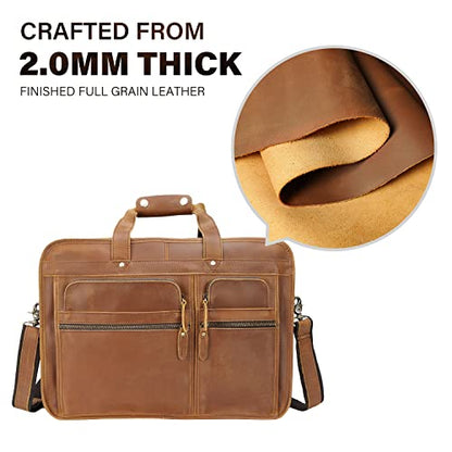 Men's Full Grain Leather Briefcase Large 17 Inch Business Travel Laptop Messenger Bag Tote with YKK Metal Zippers - color: Light Brown