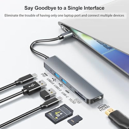 USB-C Hub Multi-Function Adapter 7-in-1 (Including 4K HDTV, 100W PD, USB 3.0, SD/TF Card Reader), Compatible with MacBook Air/Pro, iPad, Dell XPS, with Ethernet Port - size: 7in1