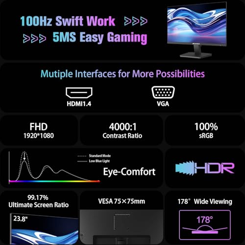 SANSUI Monitor 24 inch 100Hz Computer Monitor丨FHD 1080P PC Monitor丨HDMI丨FreeSync丨HDR丨Earphone Jack丨 Ergonomic Tilt for Home and Office - size: 24 Inch