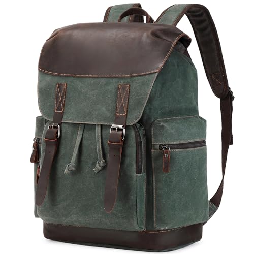 Nerlion Leather Backpack for Men Waxed Canvas Laptop Backpack 17.3 Inch Rucksack Vintage Travel Backpack (Green) - color: Green