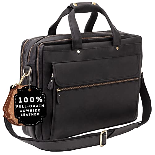 Luxorro Full Grain Leather Briefcase for Men, Top Choice Gifts for Men, Handcrafted Leather Laptop Bag with Multiple Compartments and Brass Hardware, Fits 15.6 Inch Laptop - color: Black, size: 15.6 Inch