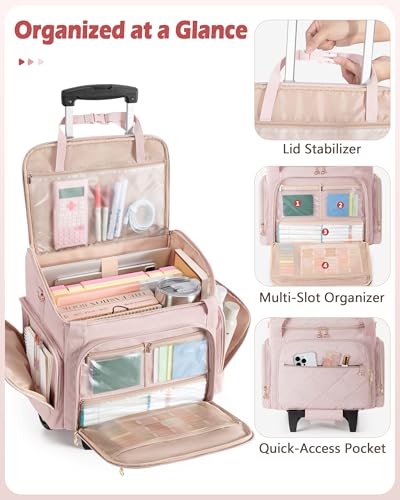 Marscamd Rolling Teacher Bag with 15.6" Laptop Compartment for Work | Multi-Slot Front Pocket, Detachable Trolley & Shoulder Straps, Water-Resistant, Women Work Briefcase Tote with Wheels (Pink)) - color: Pink