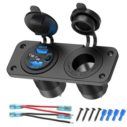 4 Port 12V USB Outlet Marine Switch Panel 12 Volt Plug, Dual PD30W and Dual QC18W USB Ports Car Charger with Switch, Waterproof 150W Cigarette Lighter Socket 2 in 1 DIY Kit for Car Marine Boat RV ATV
