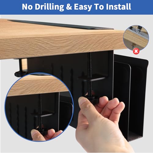 LUKETURE 2 Tier Desk Side Storage, No Drill Laptop Mount with Pen Holder | Fits Flat Edge Desks 0.3 to 2.8 Inches,Secure Grip on Wood, Glass, or Metal Surfaces Without Slipping - color: Black(2 Tie)