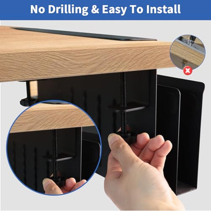 LUKETURE 2 Tier Desk Side Storage, No Drill Laptop Mount with Pen Holder | Fits Flat Edge Desks 0.3 to 2.8 Inches,Secure Grip on Wood, Glass, or Metal Surfaces Without Slipping - color: Black(2 Tie)