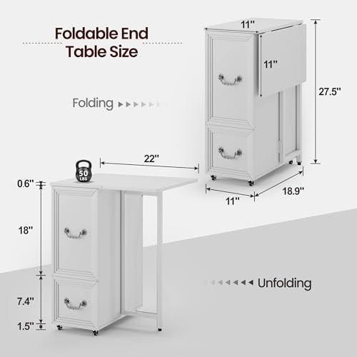 Lareth Rolling Side Table with Wheels, Led Lights & Charging Station | Foldable Desktop Narrow End Table, 1 Drawer, 2 Bookshleves, 27.56"H Tall Nightstand for Small Space, Living Room, White - color: B White