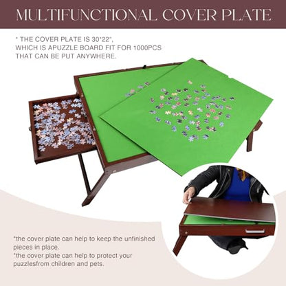 Solid Wood Puzzle Table with Tilt Adjustable Desktop, Portable Jigsaw Puzzle Board with Drawers, Non-Slip Felt Surface, Puzzle Table with Legs (Red-Brown) - color: Red-brown