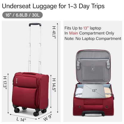 Hanke 16 Inch Underseat Carry On Luggage with Spinner Wheels Airline Approved, Small Rolling Suitcase Softside Underseater Lightweight TSA Travel Roller Suitcase Carry-On Bag(Burgundy) - color: Burgundy, size: 16 Inch Underseat