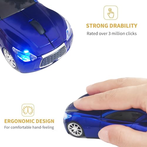 Car Mouse for Computer, Wireless Car Shaped Mice for Laptop, PC, Mini Cute Mouse with 2.4Ghz USB Receiver, 3D, 1600DPI, Silent Clicks, LED Headlights (Blue) - color: Y-Blue