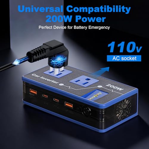 200W Car Power Inverter, Amcelooy Dual DC 12V to 110V AC Car Outlet Adapter to Wall Plug, Fast Charging 24W USB-C & USB Ports, Portable Charger Converter with for Laptops, Phones(Blue) - color: Blue