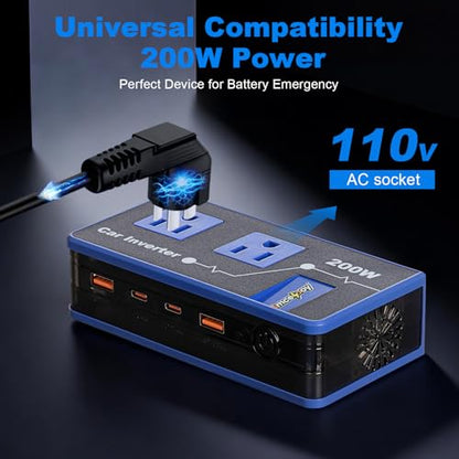 200W Car Power Inverter, Amcelooy Dual DC 12V to 110V AC Car Outlet Adapter to Wall Plug, Fast Charging 24W USB-C & USB Ports, Portable Charger Converter with for Laptops, Phones(Blue) - color: Blue