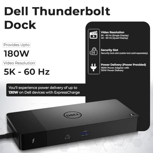 Dell WD22TB4 Thunderbolt 4 Dock Bundle - 40Gbps USB-C/USB-A, 3 Year Warranty with 180W Adapter, Anyhdd HDMI, DP, USB-C Cable & Cloth - Docking Station, Supports Dual/Triple Monitors & 4k Display
