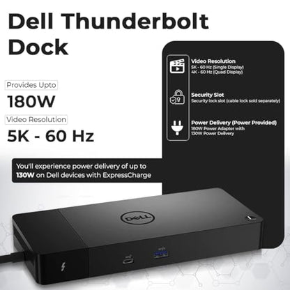 Dell WD22TB4 Thunderbolt 4 Dock Bundle - 40Gbps USB-C/USB-A, 3 Year Warranty with 180W Adapter, Anyhdd HDMI, DP, USB-C Cable & Cloth - Docking Station, Supports Dual/Triple Monitors & 4k Display