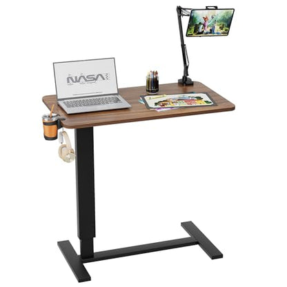 Overbed Table with Wheels, Adjustable Medical Bedside Table, Wood | Alloy steel frame, rubber wood top, cup holder & phone stand, hook, H-base, hydraulic 25.6-37.1", quiet casters, easy-clean - color: Wood Color