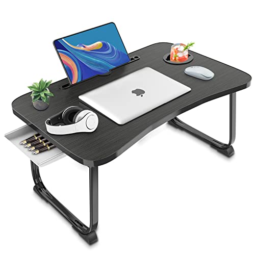 Fayquaze Lap Laptop Desk, Portable Foldable Laptop Bed Table with Storage Drawer and Cup Holder, Lap Desk Lap Bed Stand Tray Table Serving Tray for Eating, Reading and Working - color: Blacksilver