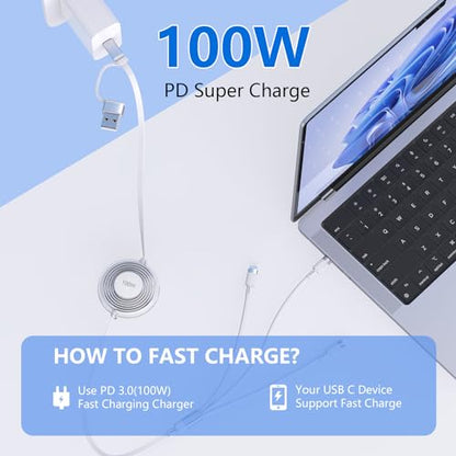 100W USB C to Multi Charging Cable, iPhone 15 Retractable Car Charger with Type C 100W+IP 27W+Micro USB 10W Multi Phone Charger for iPhone 15 14 13 12/Samsung S24 S23/iPad/MacBook/Tablet 4FT White