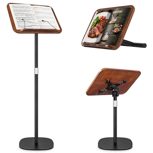 2 in 1 Dual-use Music Stand & Desktop Book Stand, Adjustable Height 16.5"-51", 100% Solid Wood Laptop Floor Stand Book Holder with Elastic Page Clips for Cookbooks (Black Walnut) - color: Black Walnut